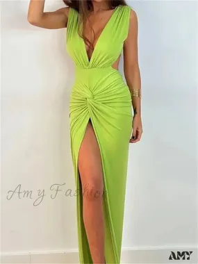 Amy Fashion - Women Sexy High Split  Sleeveless Deep V-neck Backless Ruched Summer Elegant Party Clubwear Vestidos