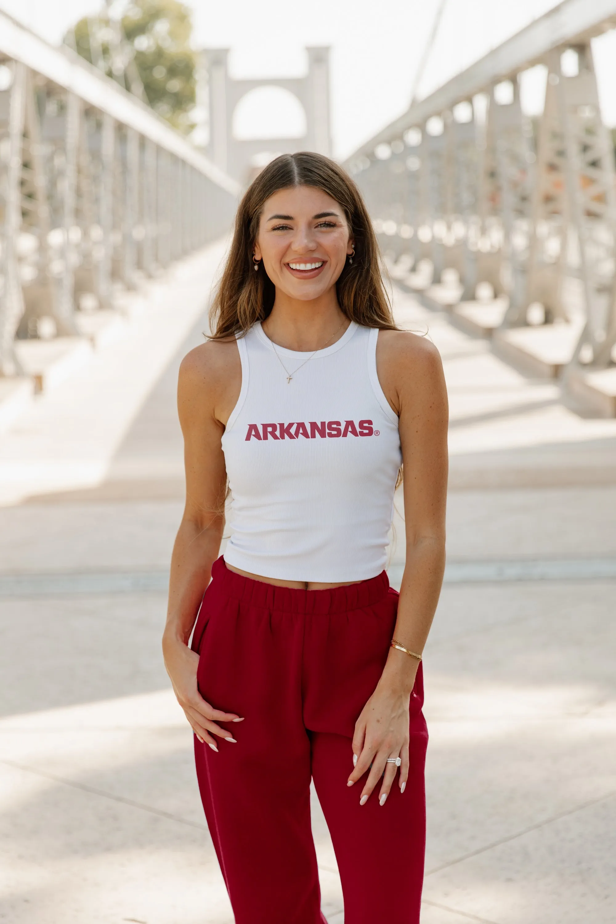 ARKANSAS RAZORBACKS WEEKEND GOALS ESSENTIAL RIBBED CROP TANK BY MADI PREWETT TROUTT