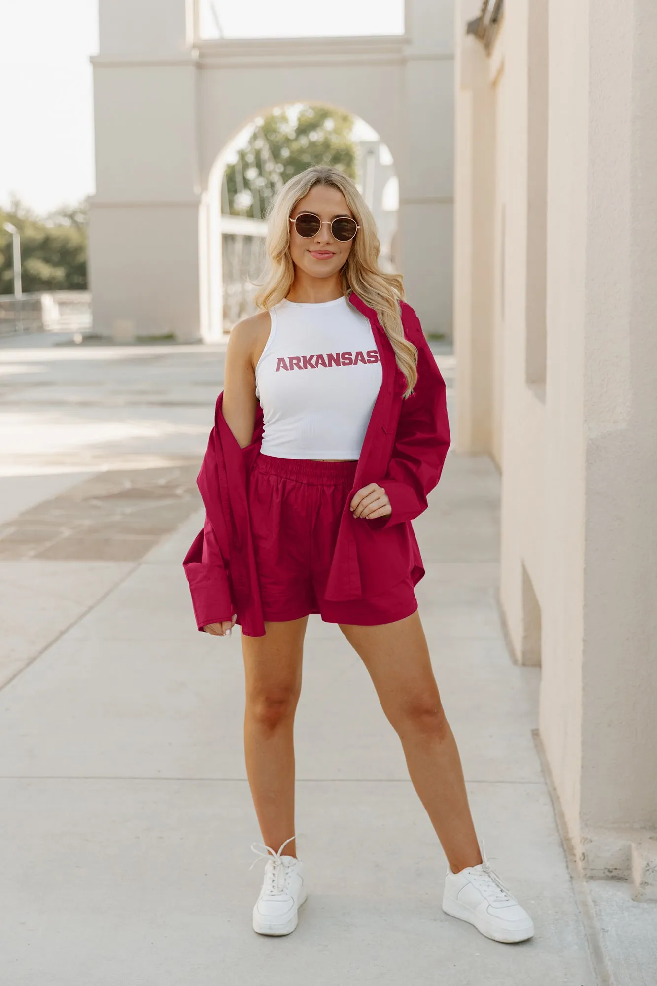 ARKANSAS RAZORBACKS WEEKEND GOALS ESSENTIAL RIBBED CROP TANK BY MADI PREWETT TROUTT