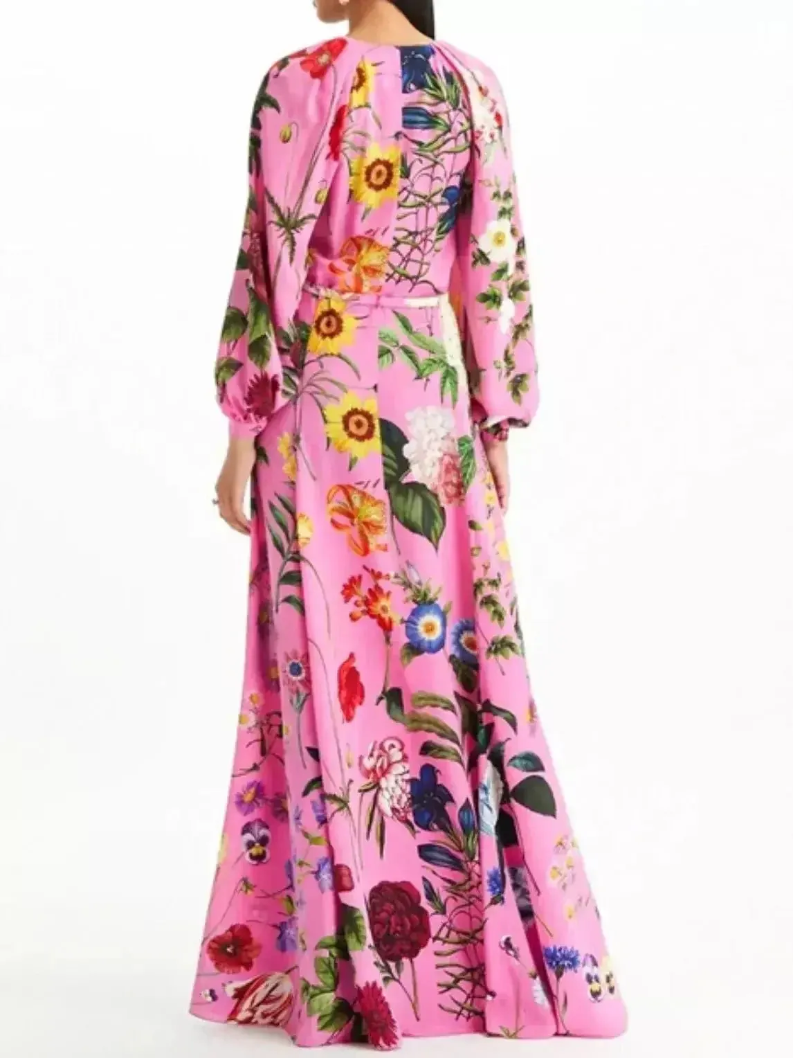 Belted Button-Front Floral-Print Pink Long-Sleeve Maxi Dress