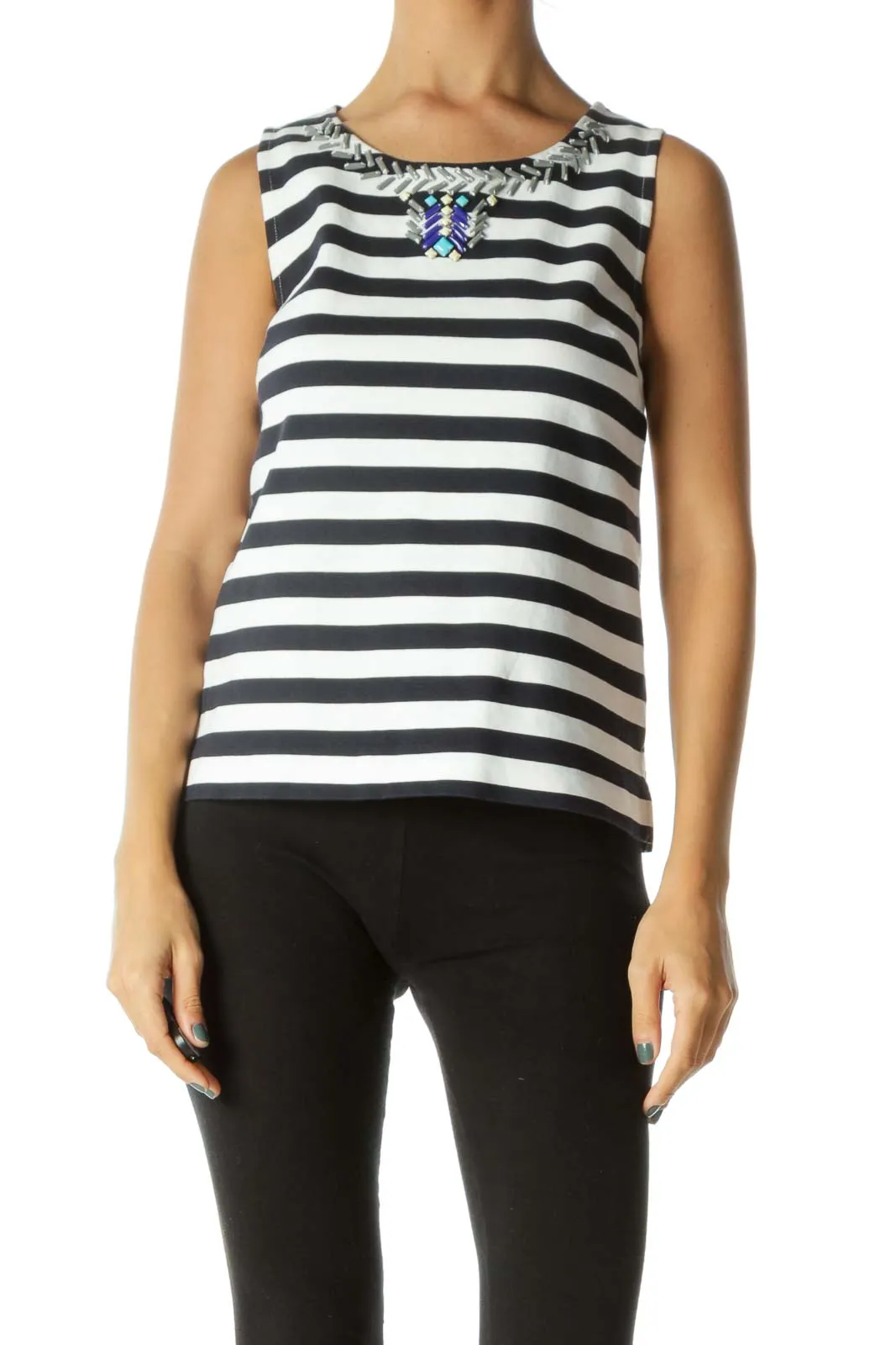 Blue Cream Striped Bejeweled Neckline Knit Tank Top