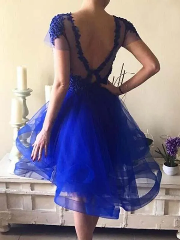 Bridelily A-Line Bateau Short Sleeves Short/Mini Party Dresses With Appliques