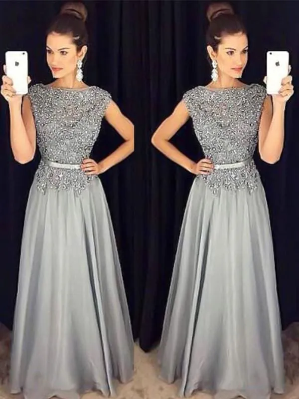 Bridelily A-Line Bateau Sleeveless Floor-Length With Applique Chiffon Dresses