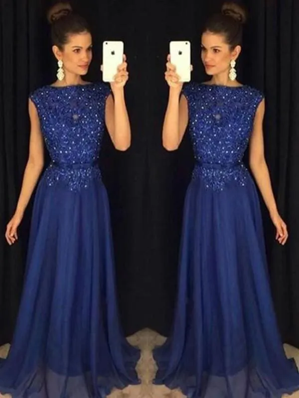 Bridelily A-Line Bateau Sleeveless Floor-Length With Applique Chiffon Dresses