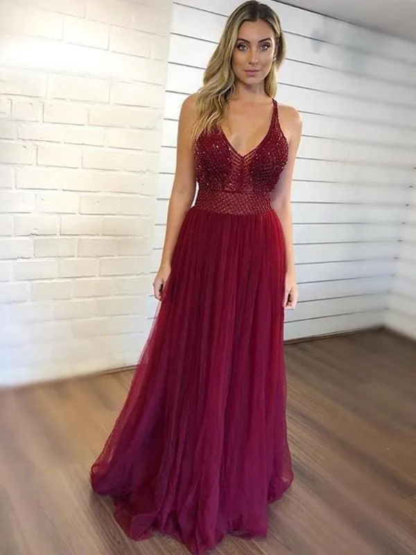 Bridelily A-Line Sleeveless V-Neck Floor-Length Crystal Tulle Dresses