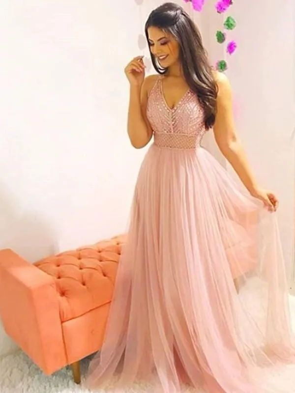 Bridelily A-Line Sleeveless V-Neck Floor-Length Crystal Tulle Dresses