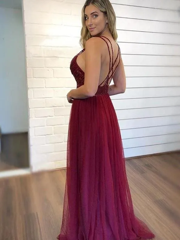 Bridelily A-Line Sleeveless V-Neck Floor-Length Crystal Tulle Dresses