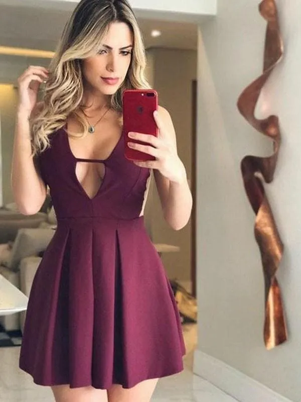 Bridelily A-Line With Ruched V-neck Sleeveless Satin Short/Mini Dresses