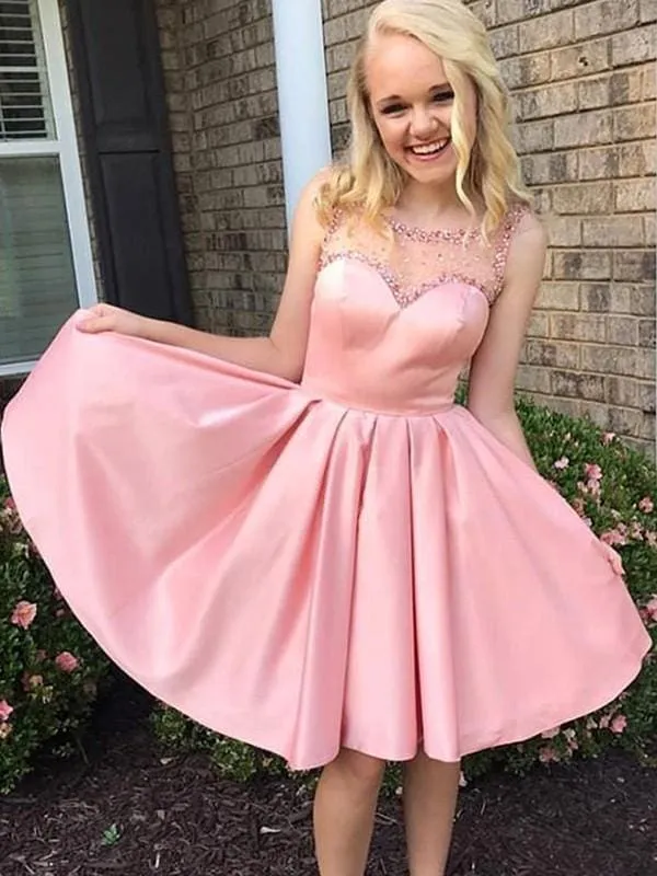 Bridelily A-Line With Ruffles Bateau Satin Sleeveless Knee-Length Dresses