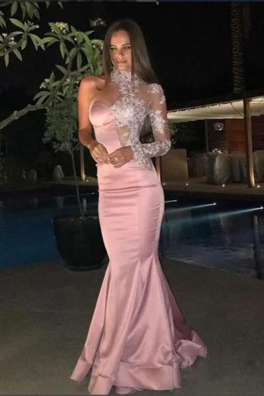 Bridelily One-Shoulder Gorgeous High-Neck Mermaid Lace Evening Dress