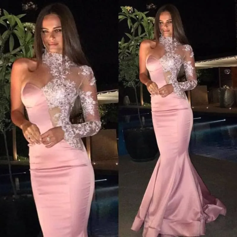 Bridelily One-Shoulder Gorgeous High-Neck Mermaid Lace Evening Dress