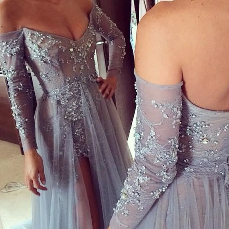 Bridelily Tiered Sexy Tulle Long Sleeve Evening Dresses Open Back Alluring Sweep Train Special Occassion Dresses
