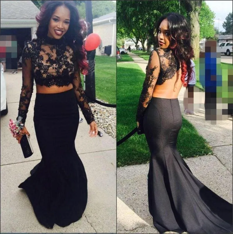 Bridelily Two-Piece Lace Long-Sleeves High-Neck Mermaid Prom Dresses