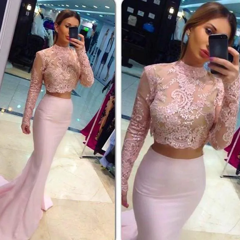 Bridelily Two-Piece Lace Long-Sleeves High-Neck Mermaid Prom Dresses