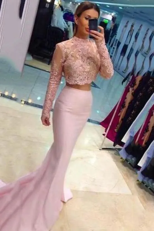 Bridelily Two-Piece Lace Long-Sleeves High-Neck Mermaid Prom Dresses