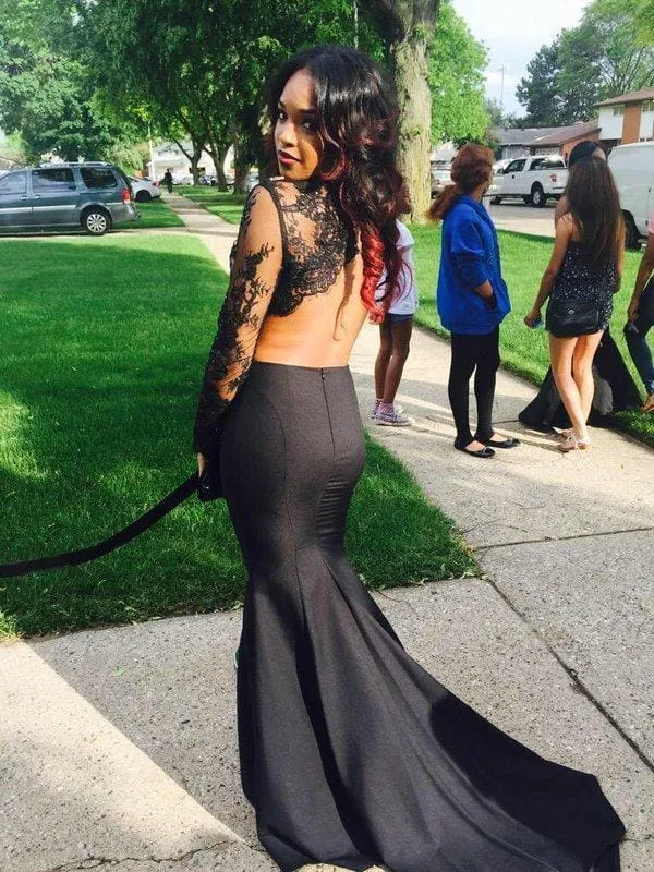 Bridelily Two-Piece Lace Long-Sleeves High-Neck Mermaid Prom Dresses