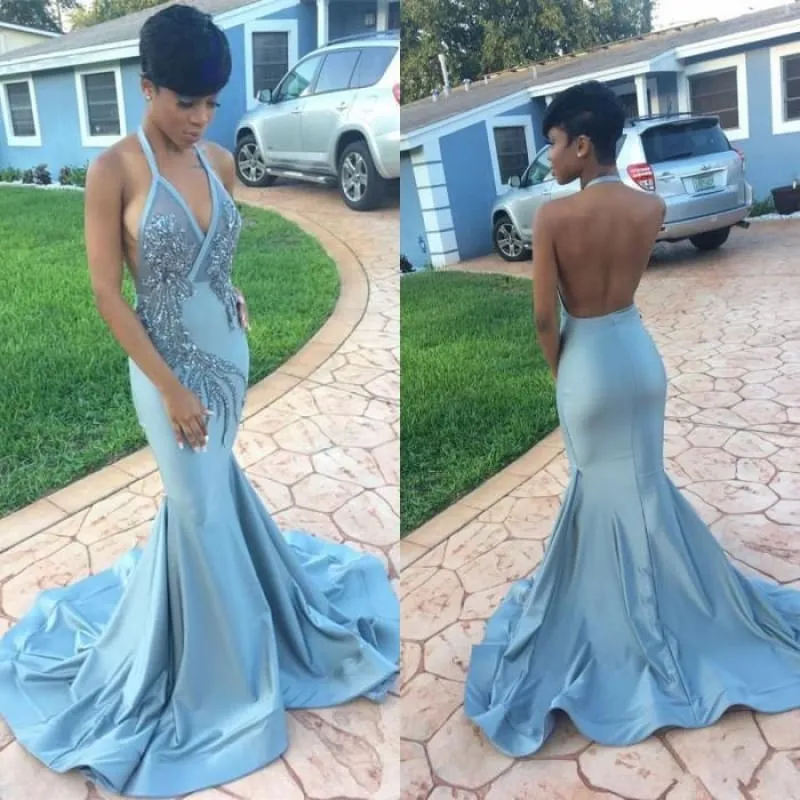Bridelily V-neck Halter Prom Dress | 2019 Mermaid Backless Evening Gowns BK0