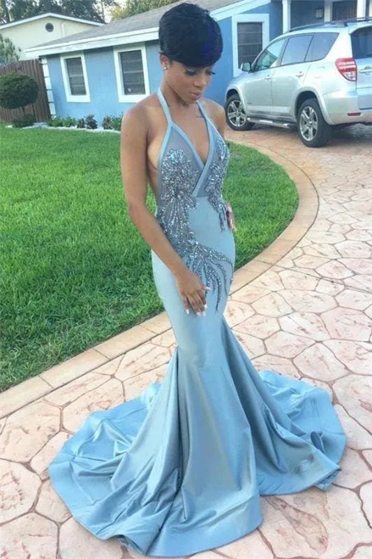Bridelily V-neck Halter Prom Dress | 2019 Mermaid Backless Evening Gowns BK0