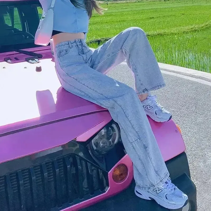 Damen-Jeans im Indie-Stil mit Hoher Taille und Geradem Schnitt in Blau