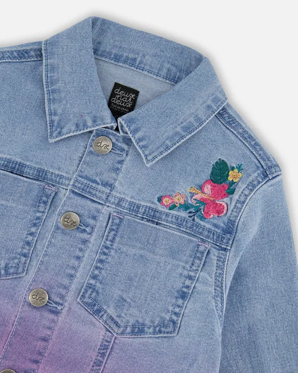 Deux Par Deux Girls Embroidered Jean Jacket   G30H50   Light Blue Denim