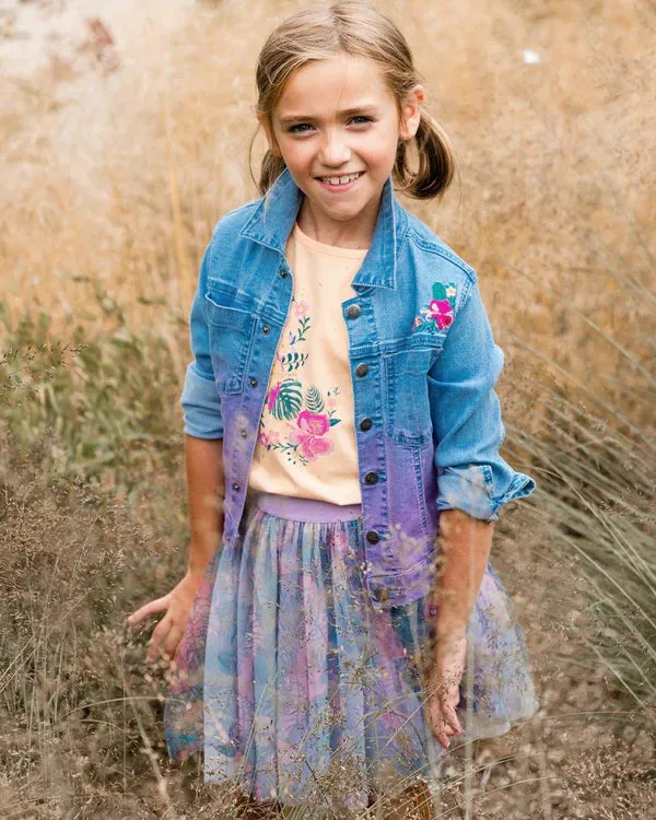 Deux Par Deux Girls Embroidered Jean Jacket   G30H50   Light Blue Denim