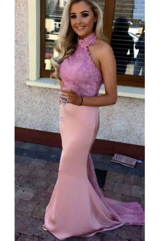 Glorious Pink High Neck Mermaid Sleeveless Prom with Lace Applique Bridesmaid Dress
