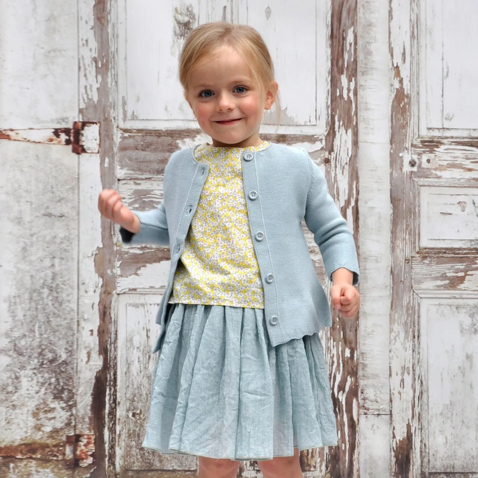 Grace Knitted Cotton Cardigan with Scallop Hem - Blue