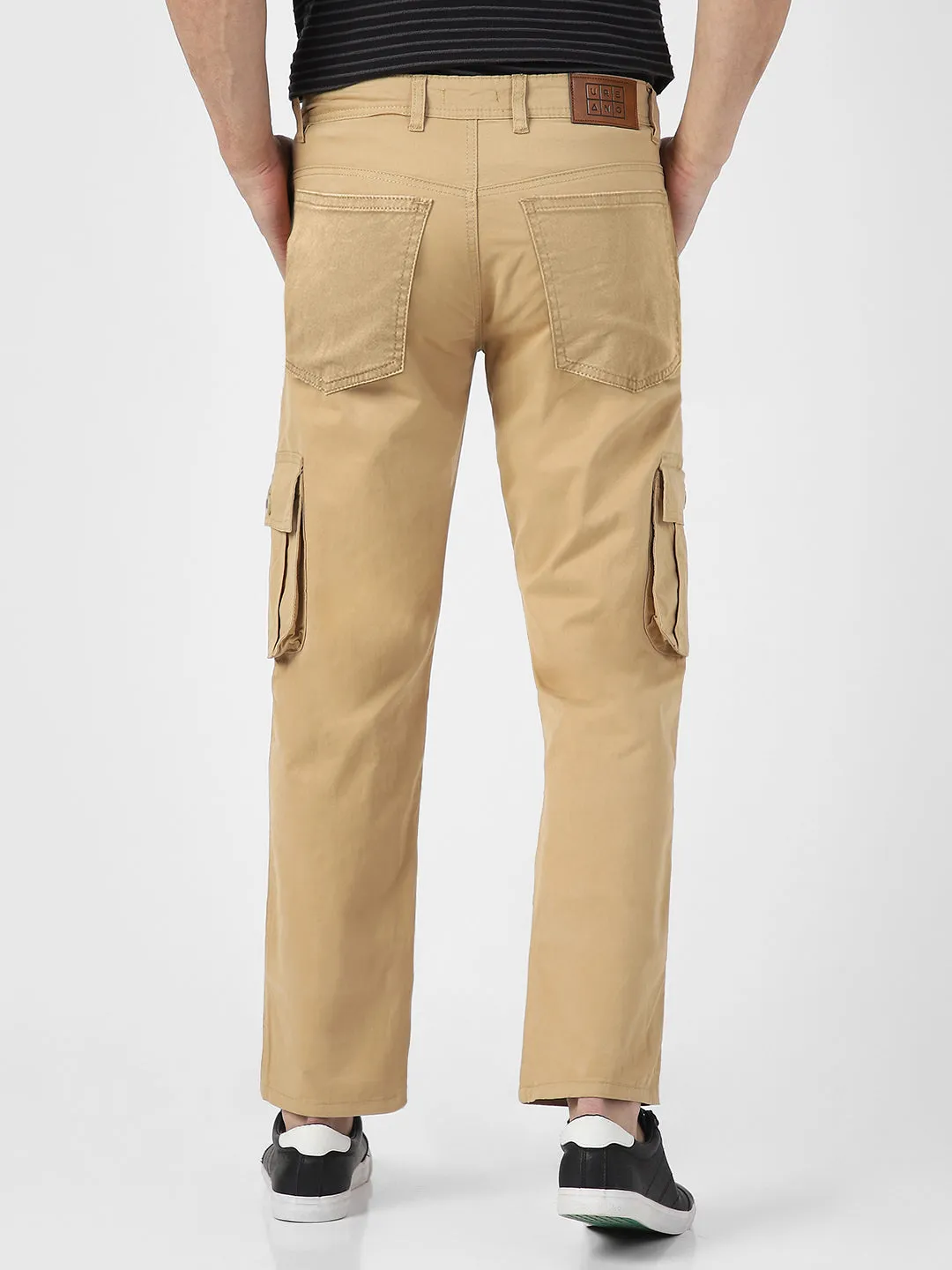 Men's Beige Regular Fit Solid Cargo Chino Pant with 6 Pockets