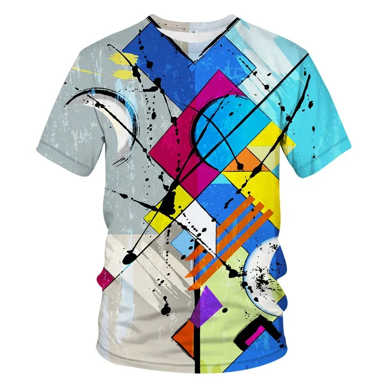 New Tide Summer Fashion Lattice  Picture T-shirts Casual Print Tees Hip Hop Personality Round Neck Short Sleev Tops