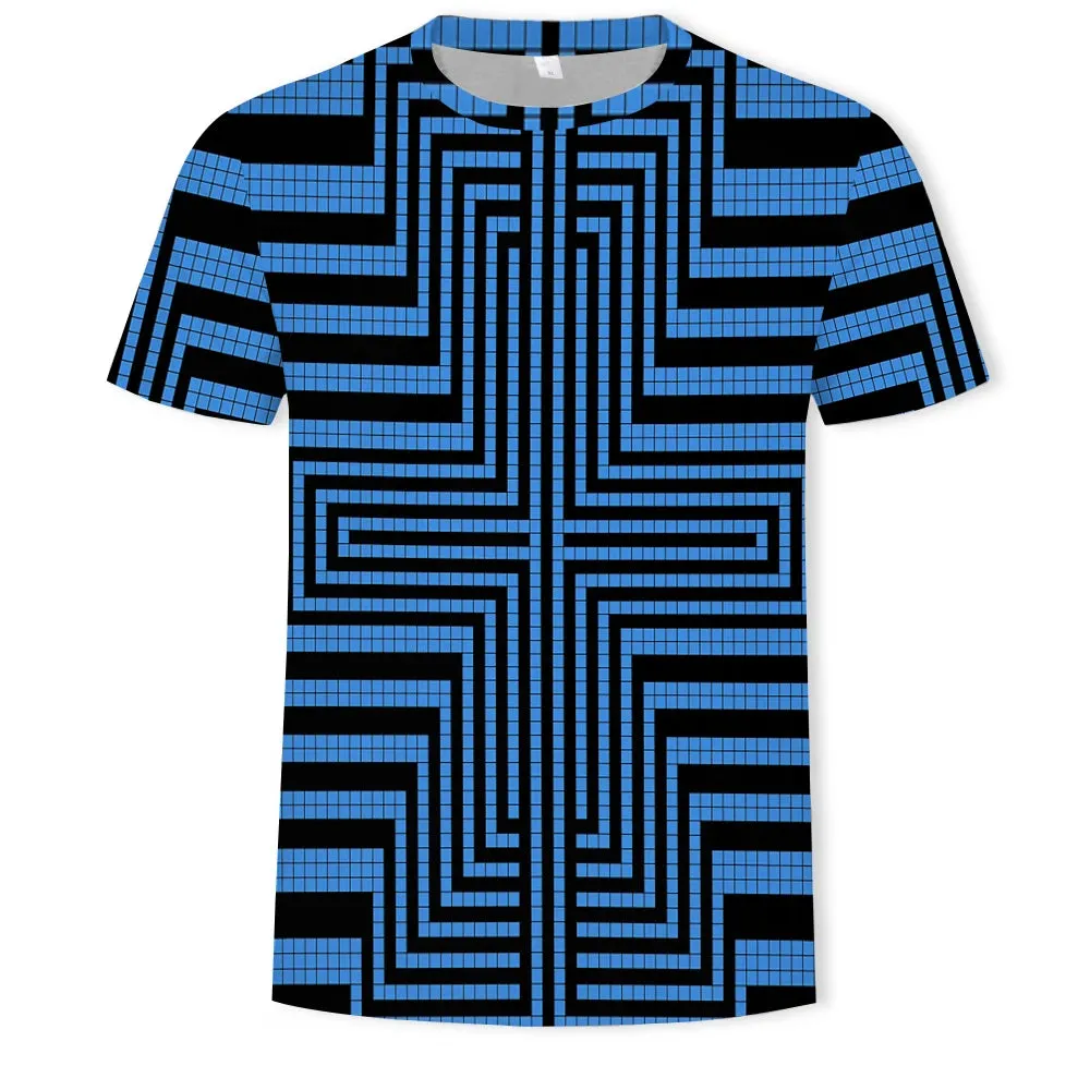 New Tide Summer Fashion Lattice  Picture T-shirts Casual Print Tees Hip Hop Personality Round Neck Short Sleev Tops