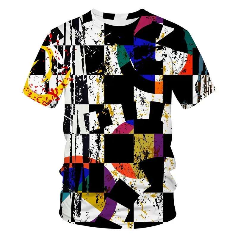 New Tide Summer Fashion Lattice  Picture T-shirts Casual Print Tees Hip Hop Personality Round Neck Short Sleev Tops