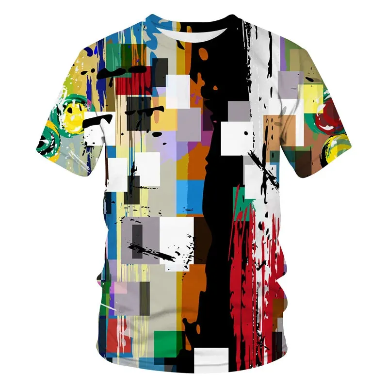 New Tide Summer Fashion Lattice  Picture T-shirts Casual Print Tees Hip Hop Personality Round Neck Short Sleev Tops