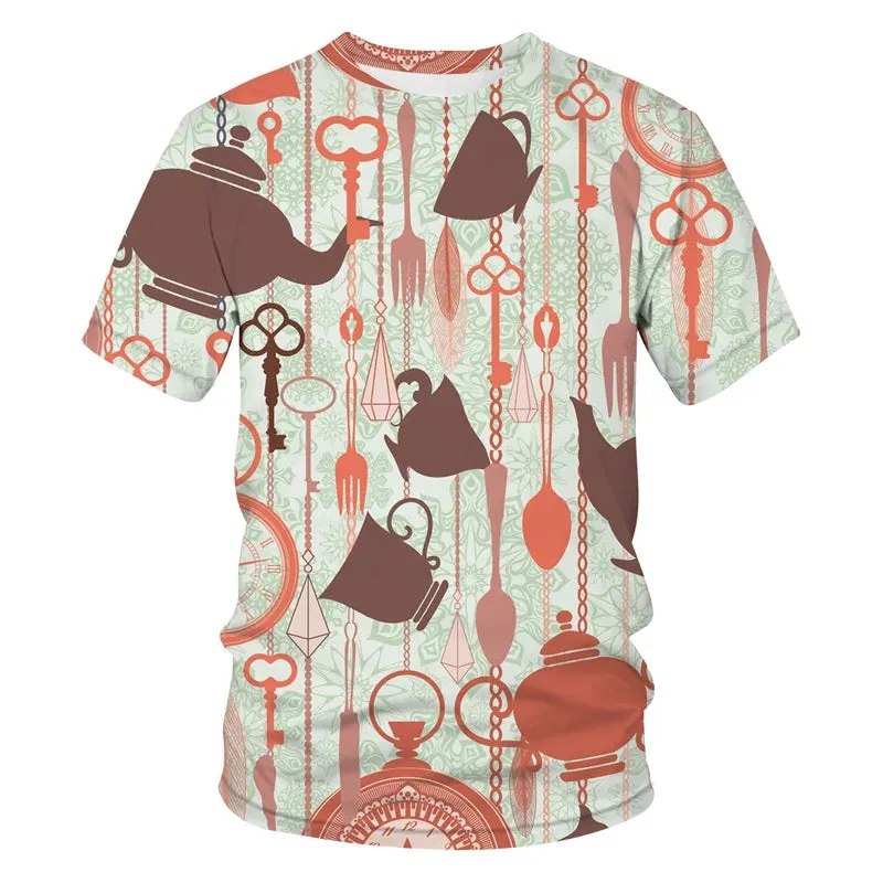 New Tide Summer Fashion Lattice  Picture T-shirts Casual Print Tees Hip Hop Personality Round Neck Short Sleev Tops