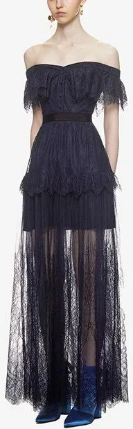 Off-Shoulder Fine Lace Maxi Dress, Dark Blue