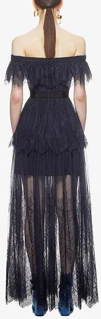 Off-Shoulder Fine Lace Maxi Dress, Dark Blue