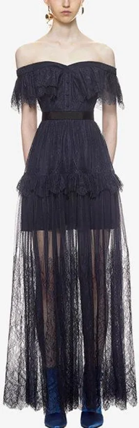 Off-Shoulder Fine Lace Maxi Dress, Dark Blue