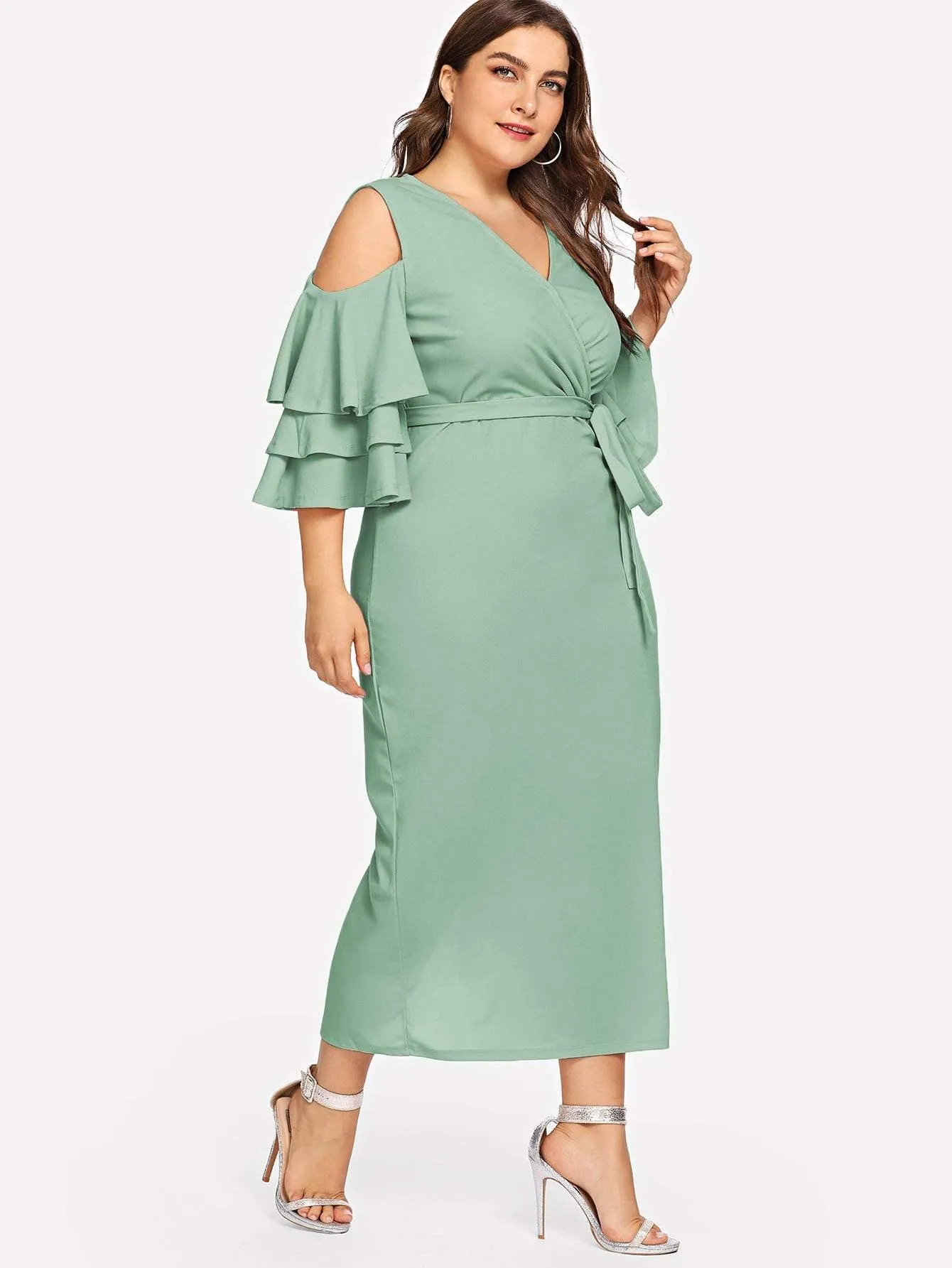 Plus Cold Shoulder Layered Sleeve Wrap Belted Dress