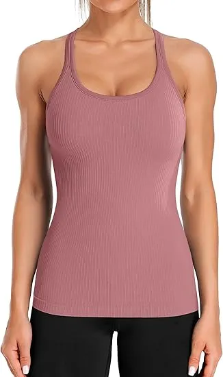 Ribbed Workout Tank Tops for Women with Built in Bra Tight Racerback Scoop Neck Athletic Top-2295