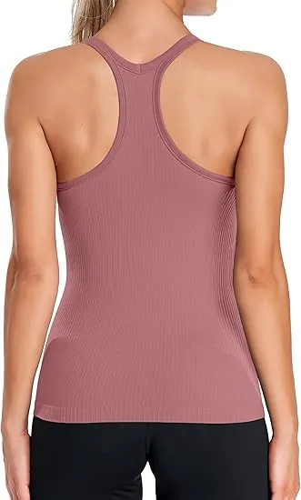 Ribbed Workout Tank Tops for Women with Built in Bra Tight Racerback Scoop Neck Athletic Top-2295