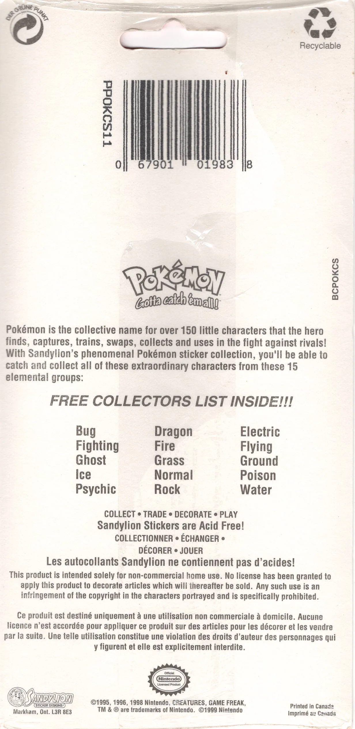 Sandylion 1999 Vintage Pokémon Clefairy Rattata Tauros Nidoking Rare 2-Sheet Sticker Sheet