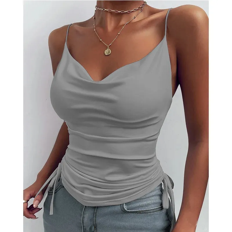 Tank Top V Neck Camisole Cami Drawstring Spaghetti Strap Top