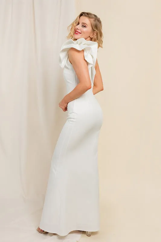 White Ruffle Detailed One Shoulder Mermaid Maxi Dress