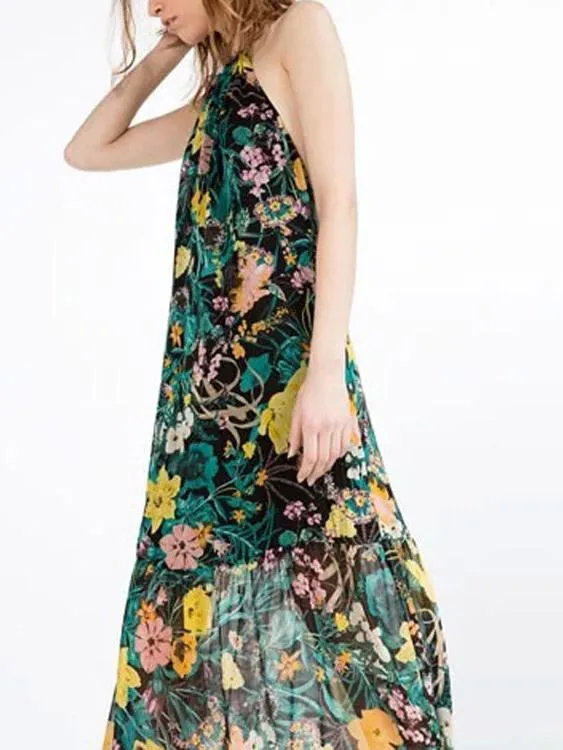 Wholesale Halter Floral Print Backless Maxi Dress