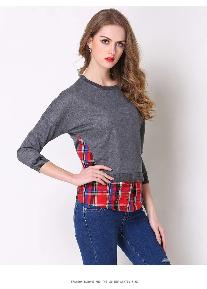 Wjczt Spring Autumn Hoodies for Women Gray Plaid Patchwork Fake 2 Pieces Top Female Leisure Sweatshirt S-5XL Size