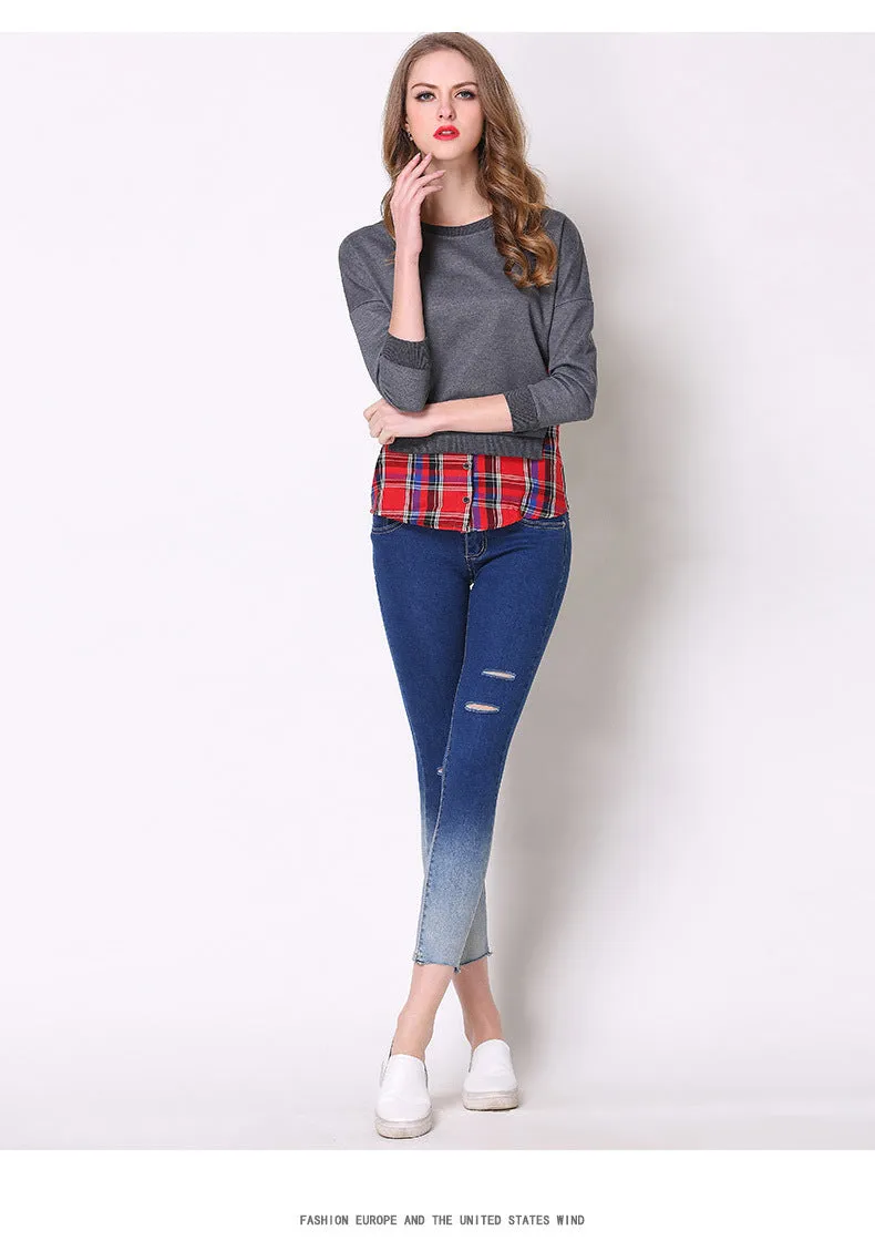 Wjczt Spring Autumn Hoodies for Women Gray Plaid Patchwork Fake 2 Pieces Top Female Leisure Sweatshirt S-5XL Size