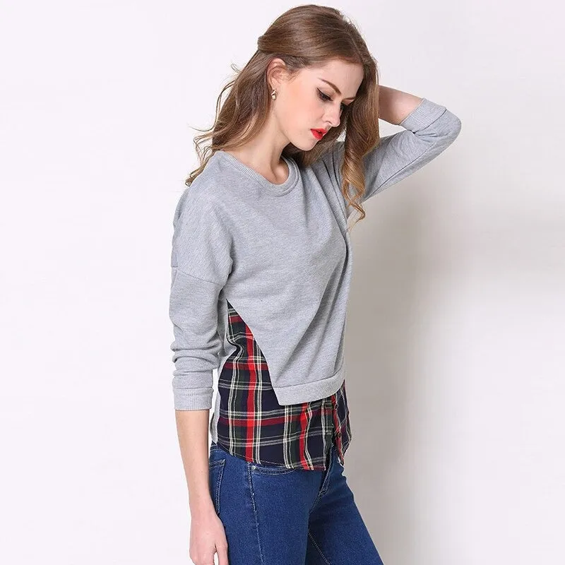 Wjczt Spring Autumn Hoodies for Women Gray Plaid Patchwork Fake 2 Pieces Top Female Leisure Sweatshirt S-5XL Size