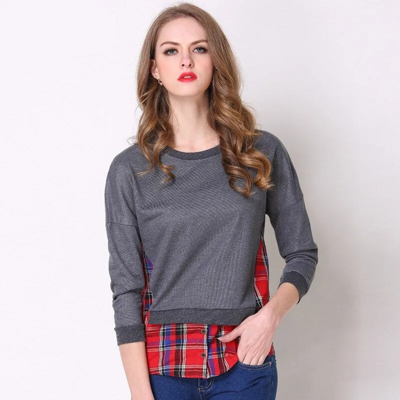 Wjczt Spring Autumn Hoodies for Women Gray Plaid Patchwork Fake 2 Pieces Top Female Leisure Sweatshirt S-5XL Size