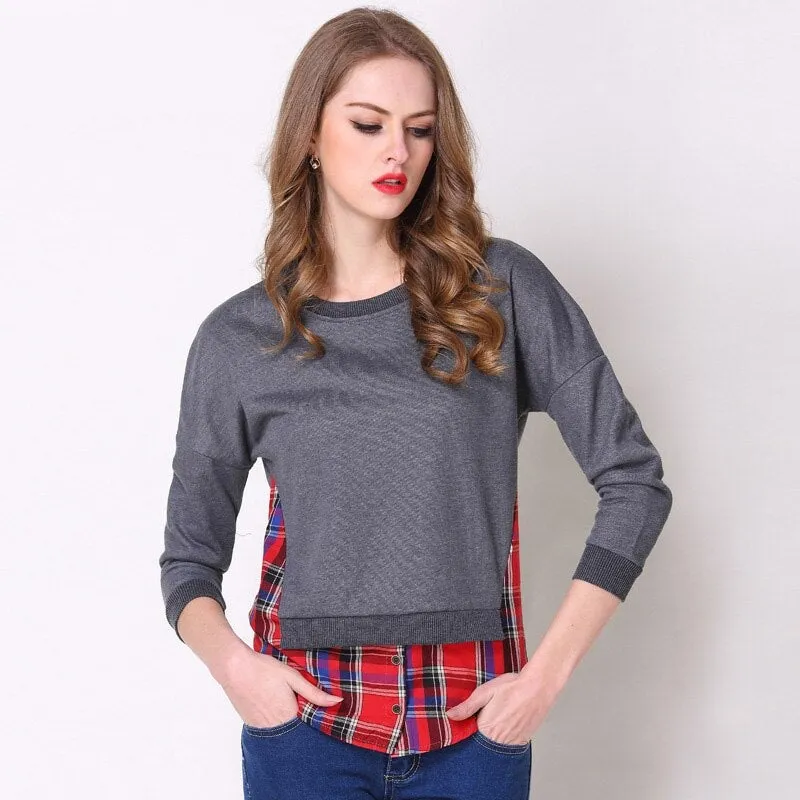 Wjczt Spring Autumn Hoodies for Women Gray Plaid Patchwork Fake 2 Pieces Top Female Leisure Sweatshirt S-5XL Size