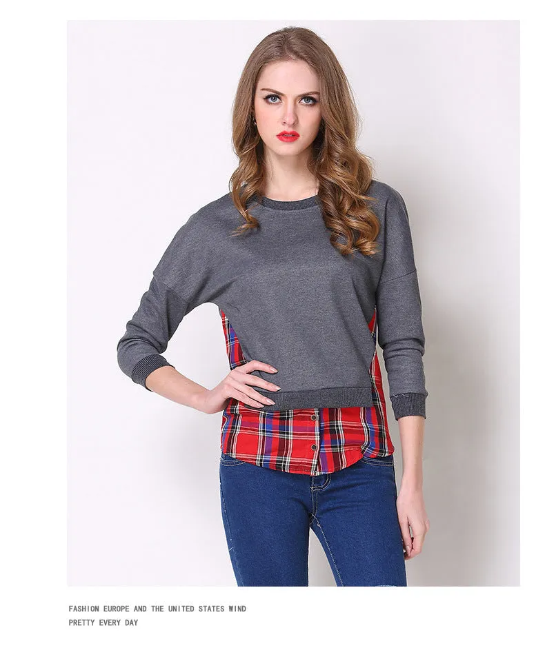 Wjczt Spring Autumn Hoodies for Women Gray Plaid Patchwork Fake 2 Pieces Top Female Leisure Sweatshirt S-5XL Size