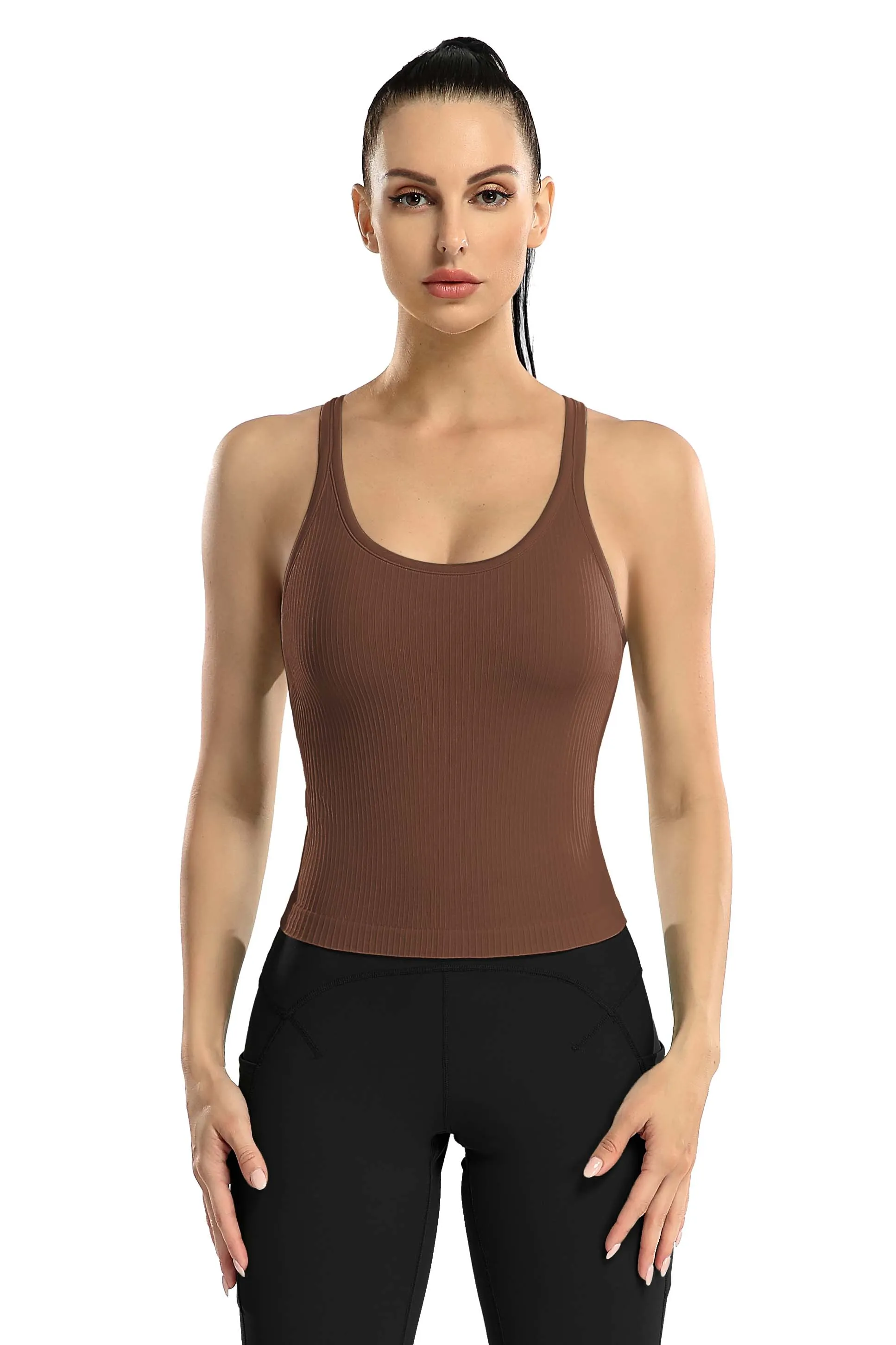 Women Ribbed Workout Crop Tops with Built in Bra Yoga Racerback Tank Top -2399
